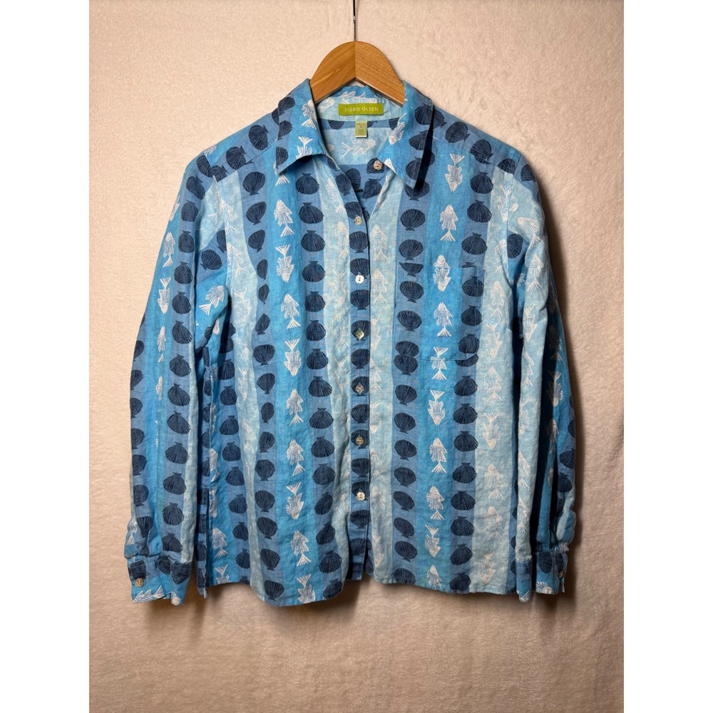 Sigrid Olsen Blue Linen Fish Shell Print Button Up Shirt Coastal Petite M